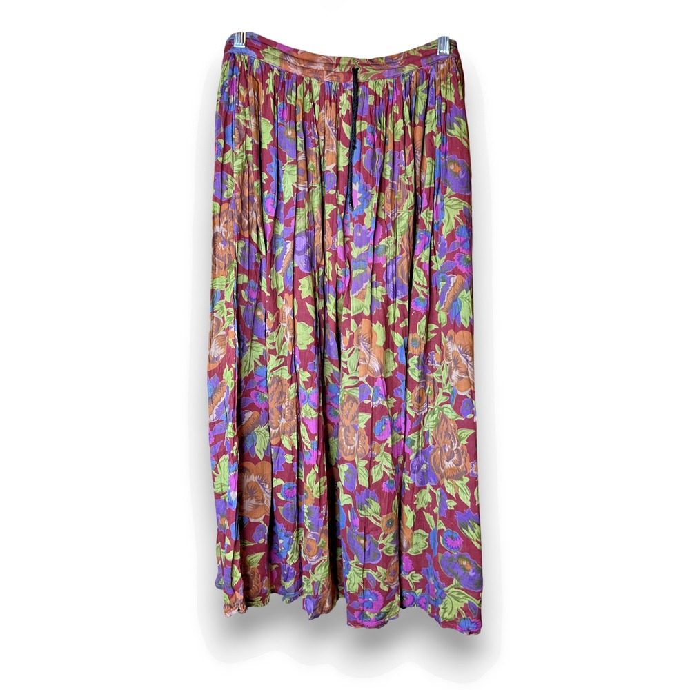 Vintage Monalisa India Floral Maxi Skirt Boho Crinkle Rayon Elastic Waist Size L